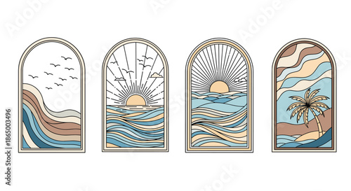 Collection of four bohemian-style illustrations of beach and ocean scenes inside arched windows, with a warm, retro color palette.