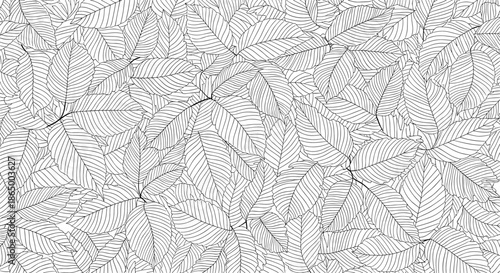 Seamless black and white pattern of overlapping, hand-drawn leaves with intricate line details creating a dense foliage texture.