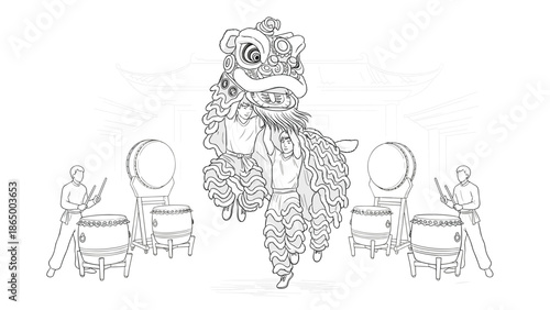 Lion dance performance with drummers in traditional Chinese setting, Generative AI.