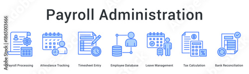 Payroll administration banner web icon processes attendance timesheets employee data leave tax and bank reconciliation.