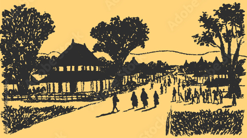 Village scene with silhouettes of people walking along a street flanked by trees and buildings. Vector illustration showcasing rural life.