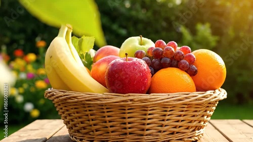 Basket of assorted fresh fruit displayed on a wooden surface