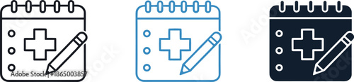 Medical appointment calendar icon set vector illustration featuring healthcare schedule planner with cross symbol and pen for clinic booking, patient management, and health service design