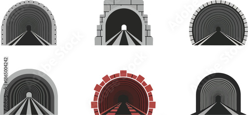 Railway Tunnel Icon Set in Front View with Perspective Lines for Transport Infrastructure Engineering and Travel Design