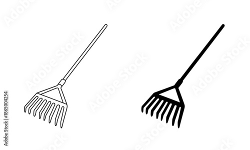 line drawing of two garden rakes with long handles and triangular heads
