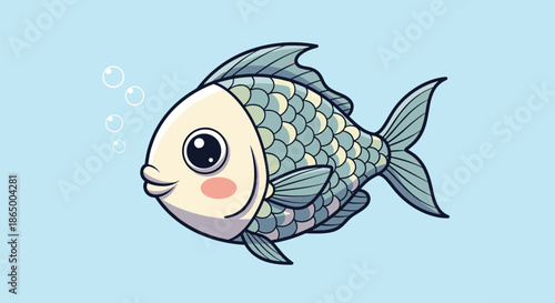 Cute cartoon illustration of a happy, blushing fish with blue-green scales swimming in the water with bubbles floating nearby.