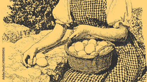 Vintage vector illustration of a female figure collecting eggs in a basket. Black and white sketch with textured detail depicting traditional rural life.