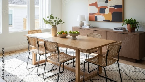 Stylish modern dining room interior with a wooden table, woven chairs, and contemporary decor, filled with natural light, creating a cozy atmosphere.