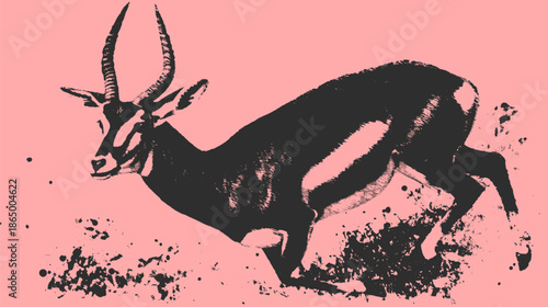 Antelope running in a graphic style. Black silhouette on a pink background, designed as a vector illustration with splash elements.
