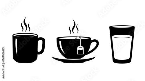 Black and white vector illustration of hot drinks in a mug and cup with a glass of water.
