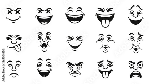 Set of funny cartoon facial expressions showing various emotions and moods.