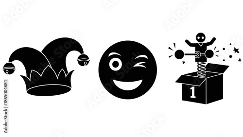 Black and white icons representing April Fools' Day with a jester hat, winking emoji, and jack-in-the-box.