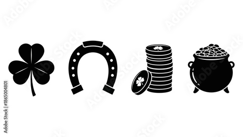 Black and white icons representing St. Patrick's Day symbols including a shamrock, horseshoe, coins, and a pot of gold.