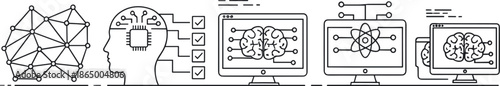 Artificial intelligence and machine learning concept line illustration showing neural network, human brain, data processing, and AI system workflow for modern technology design