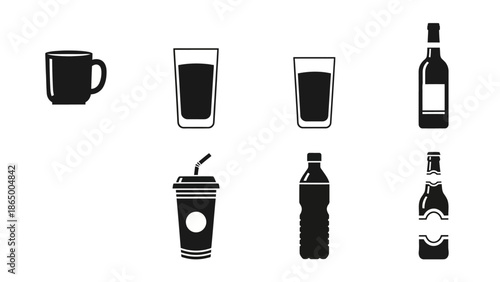 Collection of various beverage containers including cups, glasses, bottles, and a soda cup, in black and white silhouette.