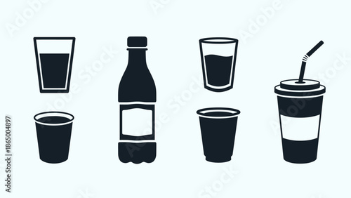 Collection of various beverage containers including glasses, bottles, and disposable cups for drinks.