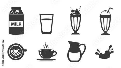 Collection of various milk and coffee related icons including cartons, glasses, shakes, cups, and splashes.