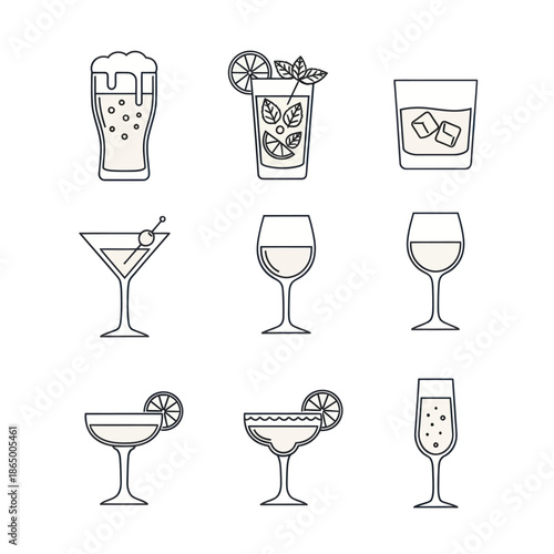 Collection of Various Alcoholic Drinks in Line Art Style.