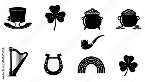 Collection of black and white icons representing various symbols of Saint Patrick's Day celebration.