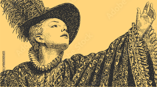 Portrait of a woman wearing a vintage hat. Detailed vector illustration showcasing traditional fashion and artistry with golden accents.