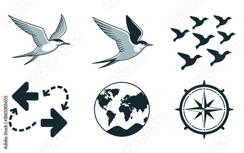 Spring migration icons set, geese flock arrows, globe and compass symbols, ornithology seminar session, birdwatching festival graphics, ecology education event