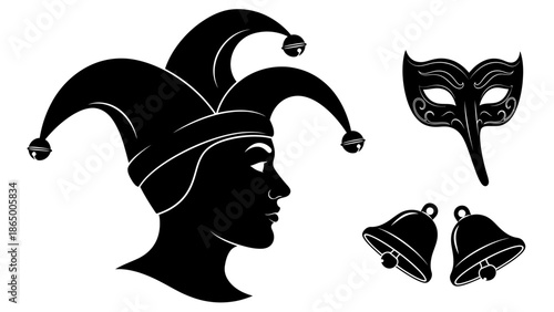 Jester silhouette with carnival mask and bells, a festive and traditional illustration.