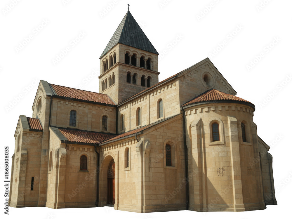 Fototapeta premium Ancient stone church with red tile roof and tall steeple isolated on a transparent background