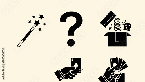 Set of black and white magic related icons including a wand, question mark, jack-in-the-box, and playing cards.