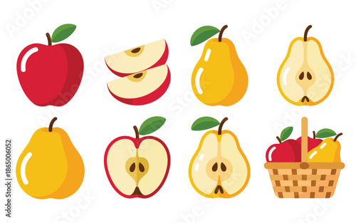 Apple and pear bundle, whole and half fruit, wicker basket emblem, farmers market badge, seasonal food festival promotion vector