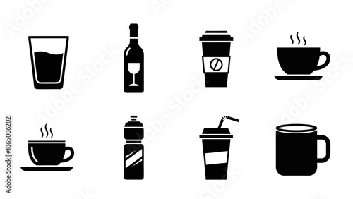 Collection of various beverage icons including water, wine, coffee, tea, and soda for drink-related designs.