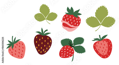 Collection of cute, hand-drawn strawberry illustrations in various styles, including whole berries, leaves, and chocolate-dipped strawberries.
