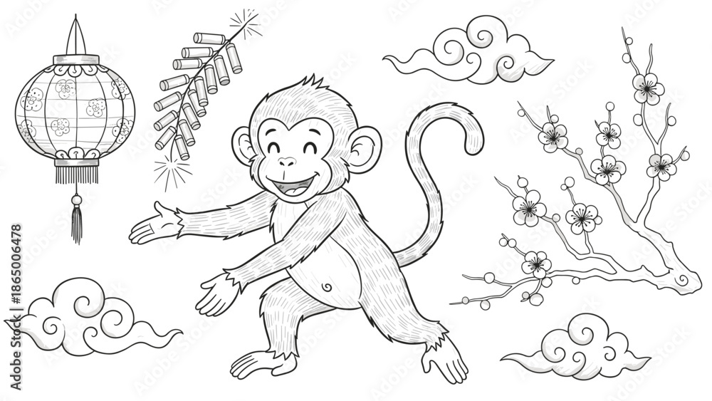 Fototapeta premium Playful monkey with cherry blossoms and lantern for Chinese New Year, Generative AI.