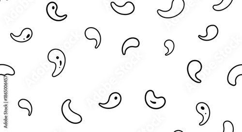 Seamless monochrome pattern of scattered, hand-drawn abstract paisley or comma-like shapes, creating a simple and playful background.