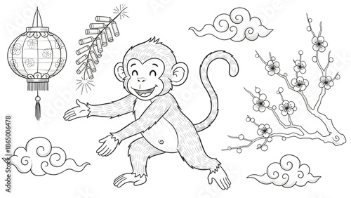 Playful monkey with cherry blossoms and lantern for Chinese New Year, Generative AI.