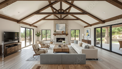 Interior architectural photography of a bright open-concept living room. Modern farmhouse style, vaulted ceilings with exposed dark wood beams, neutral color palette, and cozy stone fireplace