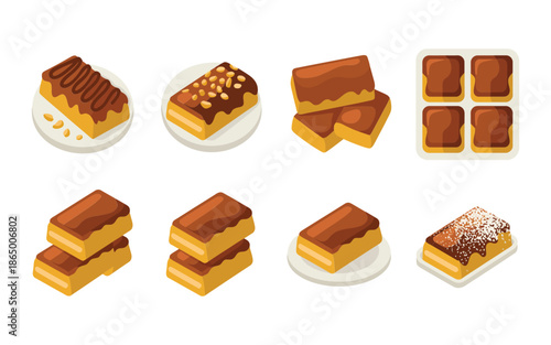 Bakery pastry assortment icons, chocolate squares, layered butter cakes, cocoa bars, dessert menu elements, coffee shop festival catering graphics