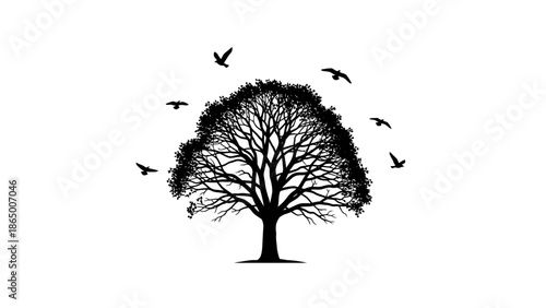 Stylized black silhouette of a tree with bare branches and flying birds on a white background, symbolizing nature and freedom.