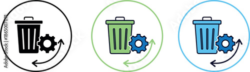 Recycle bin and waste management process icon set vector illustration showing trash can with gear and circular arrows for recycling, cleanup workflow, and environmental sustainability design