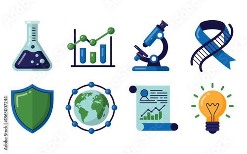 Health innovation graphics, microscope, test tubes, protective shield, blue awareness ribbon, report dashboard, light bulb idea, scientific research vector