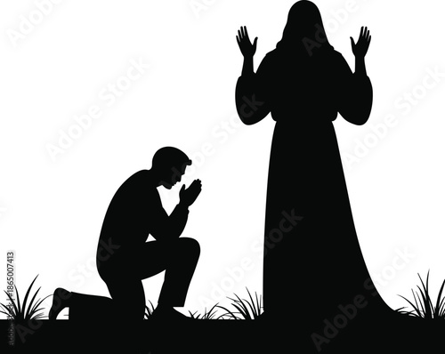 Faith and worship silhouette featuring kneeling man praying before female angel on transparent background divine intervention