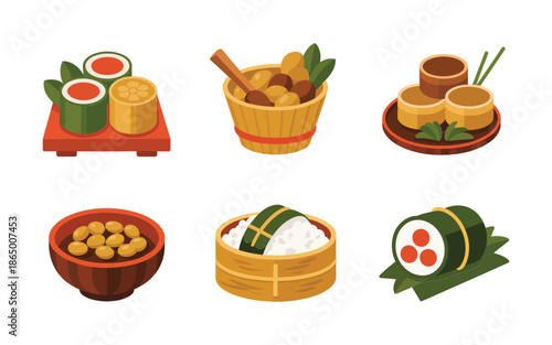Asian food festival icons, dim sum steamers, bao buns, leaf wrapped rice dumpling, dipping bowls, festive lantern, restaurant celebration