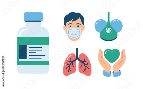 Vaccination clinic icons, medicine vial, masked person, healthy lungs, green heart care, air quality, respiratory health campaign, public immunization