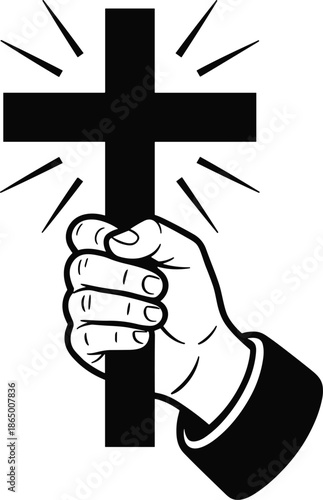 Raised hand holding cross featuring religious belief or faith concept showing hand raising religious cross with bright glowing light