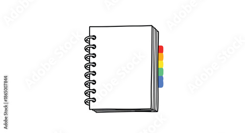 Simple hand-drawn animation of a spiral-bound notebook with colorful rainbow page markers appearing on a clean white background.