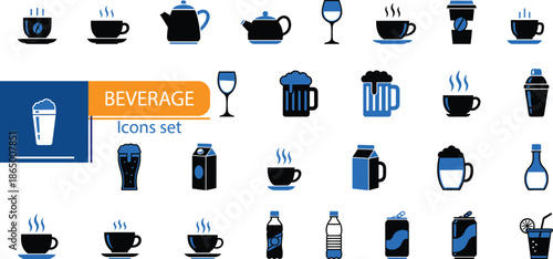 Colorful Set of Beverage Including Coffee, Tea, Beer, Wine, and Soft Drinks