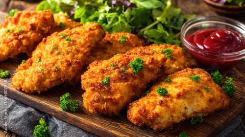 Crispy Breaded Chicken Fillets with Ketchup and Fresh Green Salad on Wooden Board