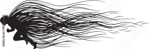 Silhouette of a woman running with flowing hair