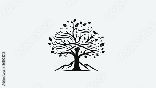 Stylized black and white tree of life logo design with roots and mountains.