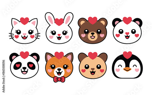 Kawaii animal face icons, bunny, cat, panda, bear, fox, piglet with hearts, valentines classroom stickers, kids craft activity session set