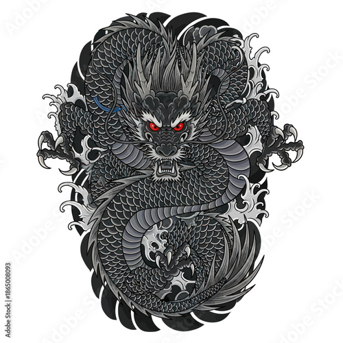 Detailed Illustration of a Black Dragon with Red Eyes.